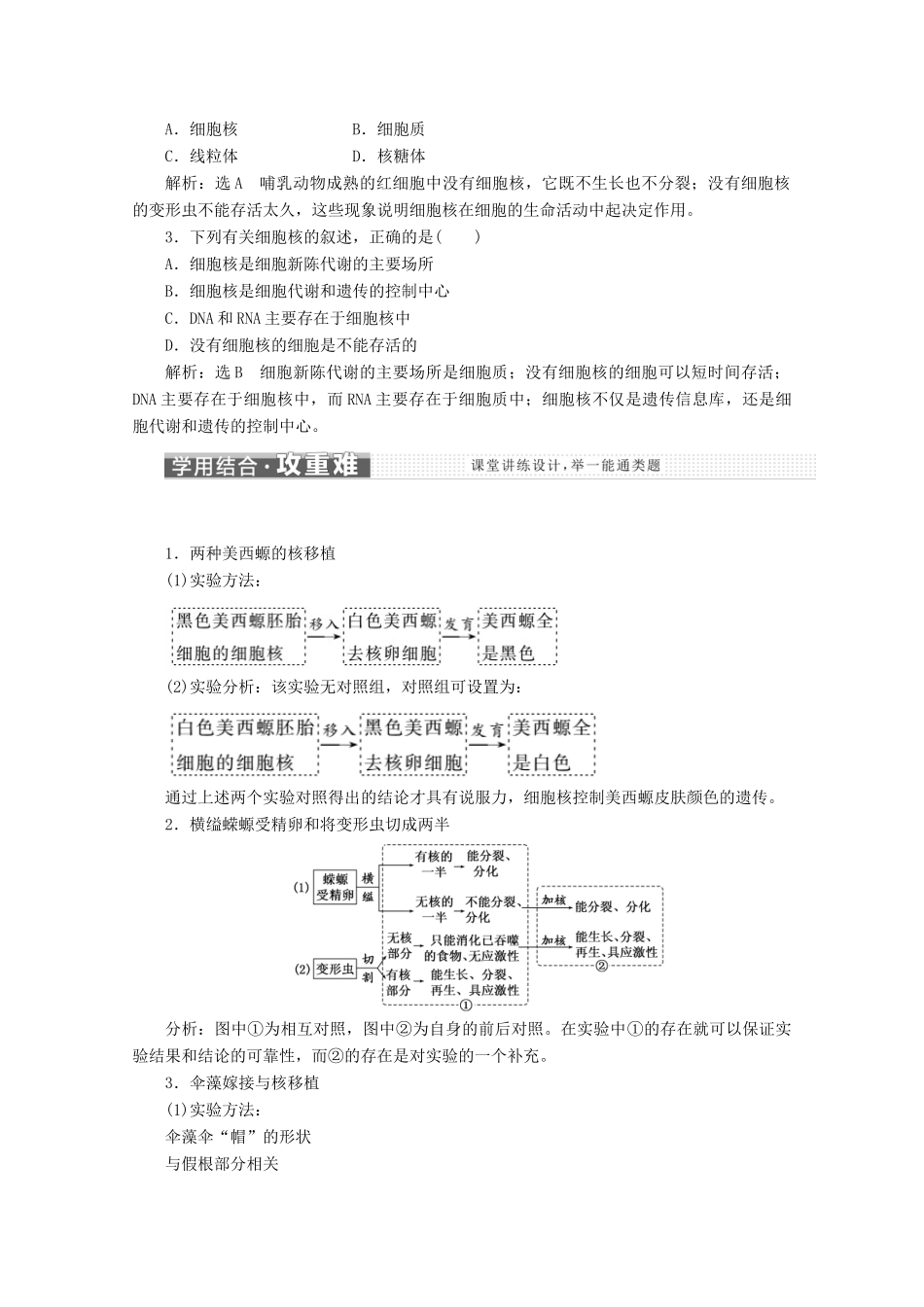 高中生物 第3章 第3节 细胞核——系统的控制中心教学案（含解析）新人教版必修1-新人教版高一必修1生物教学案_第2页