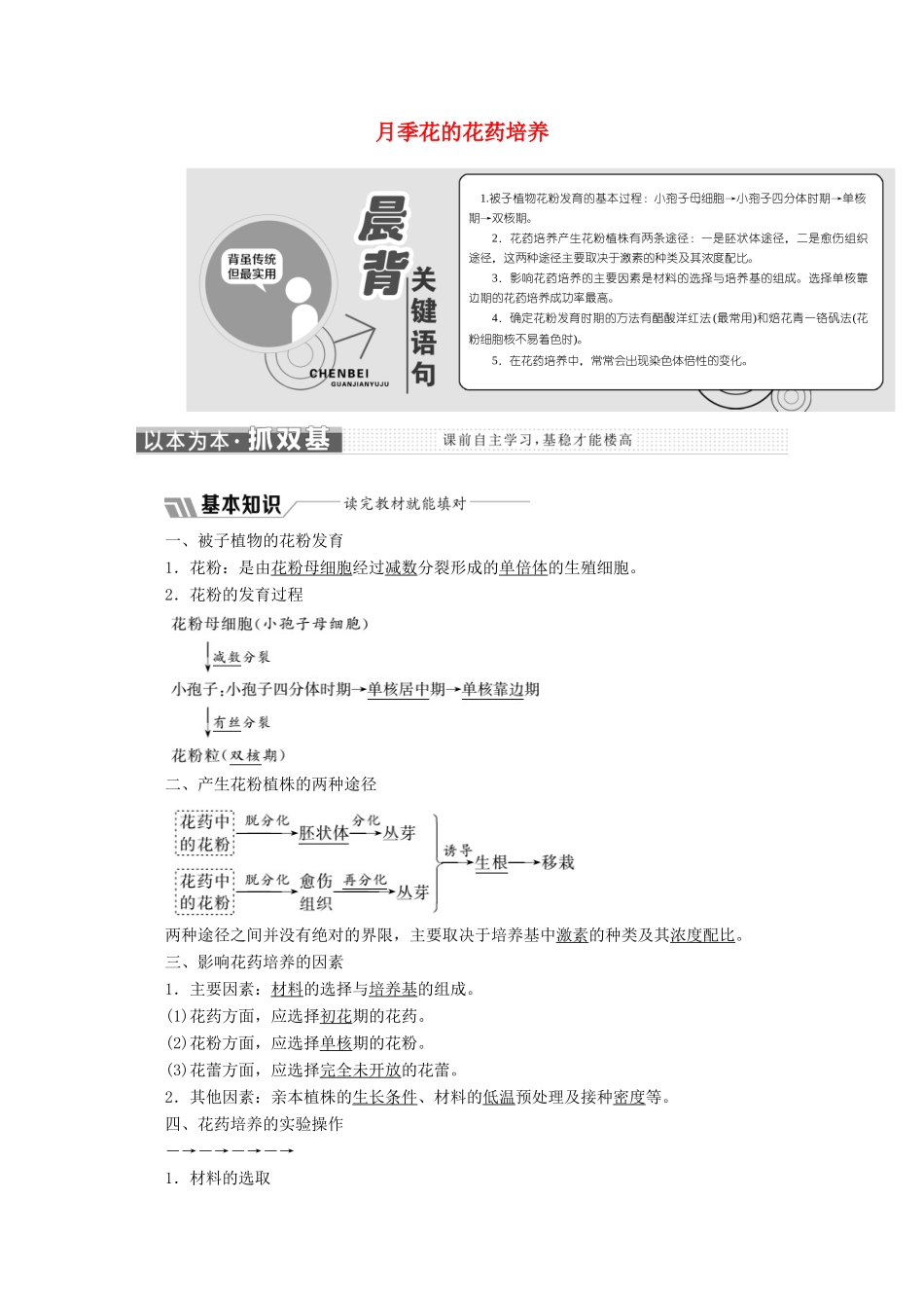 高中生物 专题3 课题2 月季花的花药培养教学案（含解析）新人教版选修1-新人教版高二选修1生物教学案_第1页