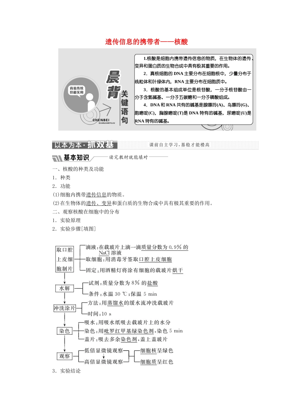 高中生物 第2章 第3节 遗传信息的携带者——核酸教学案（含解析）新人教版必修1-新人教版高一必修1生物教学案_第1页