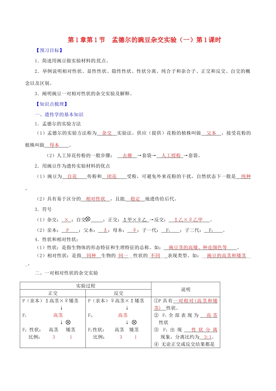 高中生物 第1章 第1节 孟德尔的豌豆杂交实验（一）（第1课时）学案 新人教版必修2-新人教版高一必修2生物学案_第1页
