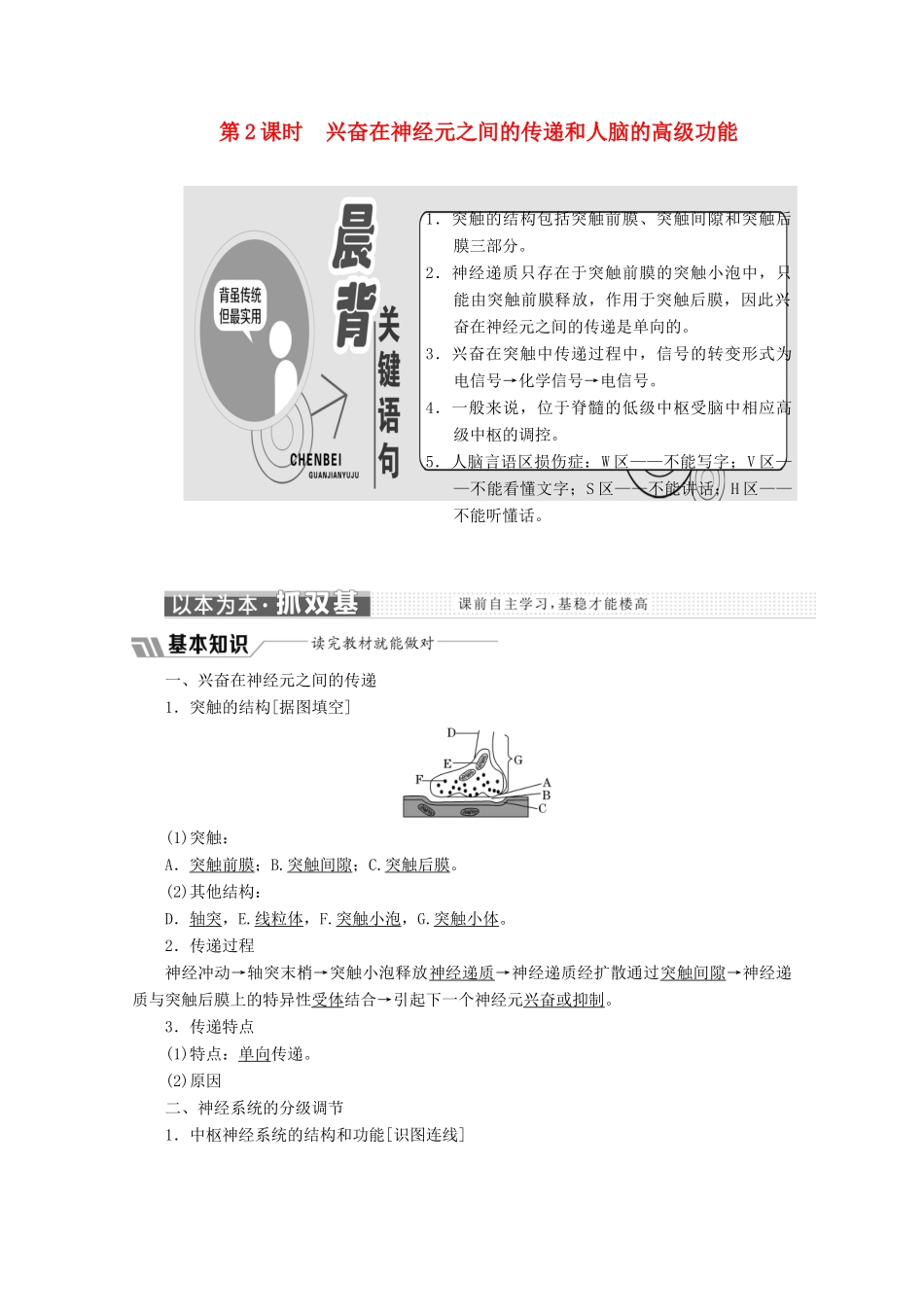 高中生物 第2章 动物和人体生命活动的调节 第1节 通过神经系统的调节 第2课时 兴奋在神经元之间的传递和人脑的高级功能教学案（含解析）新人教版必修3-新人教版高二必修3生物教学案_第1页