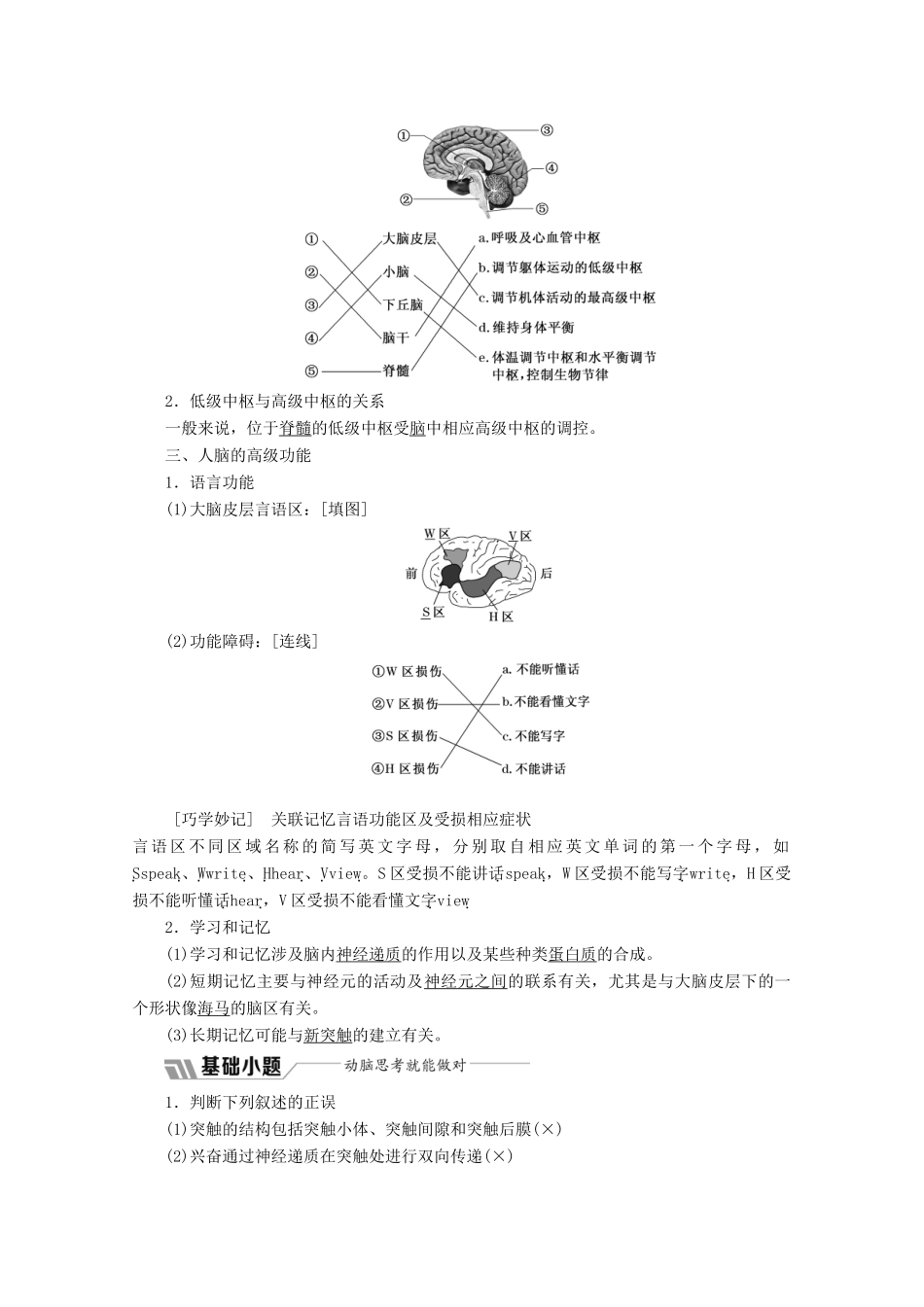 高中生物 第2章 动物和人体生命活动的调节 第1节 通过神经系统的调节 第2课时 兴奋在神经元之间的传递和人脑的高级功能教学案（含解析）新人教版必修3-新人教版高二必修3生物教学案_第2页
