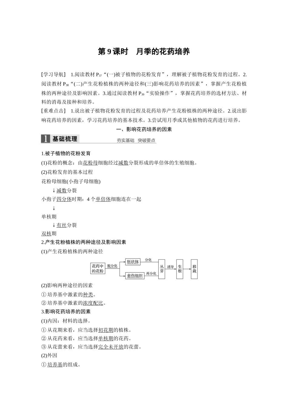 高中生物 专题3 植物的组织培养技术 第9课时 月季的花药培养同步备课教学案 新人教版选修1-新人教版高二选修1生物教学案_第1页