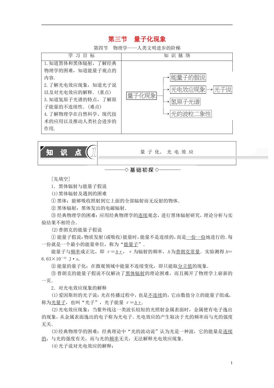 高中物理 第5章 典力学与物理学的革命 第3节 量子化现象 第4节 物理学-人类文明进步的阶梯教师用书 粤教版必修2-粤教版高一必修2物理学案_第1页
