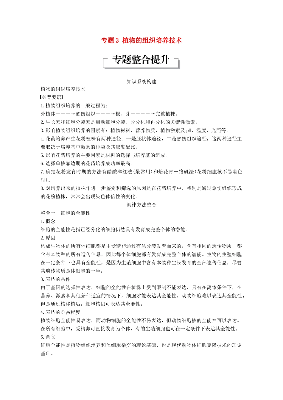 高中生物 专题3 植物的组织培养技术专题整合提升同步备课教学案 新人教版选修1-新人教版高二选修1生物教学案_第1页