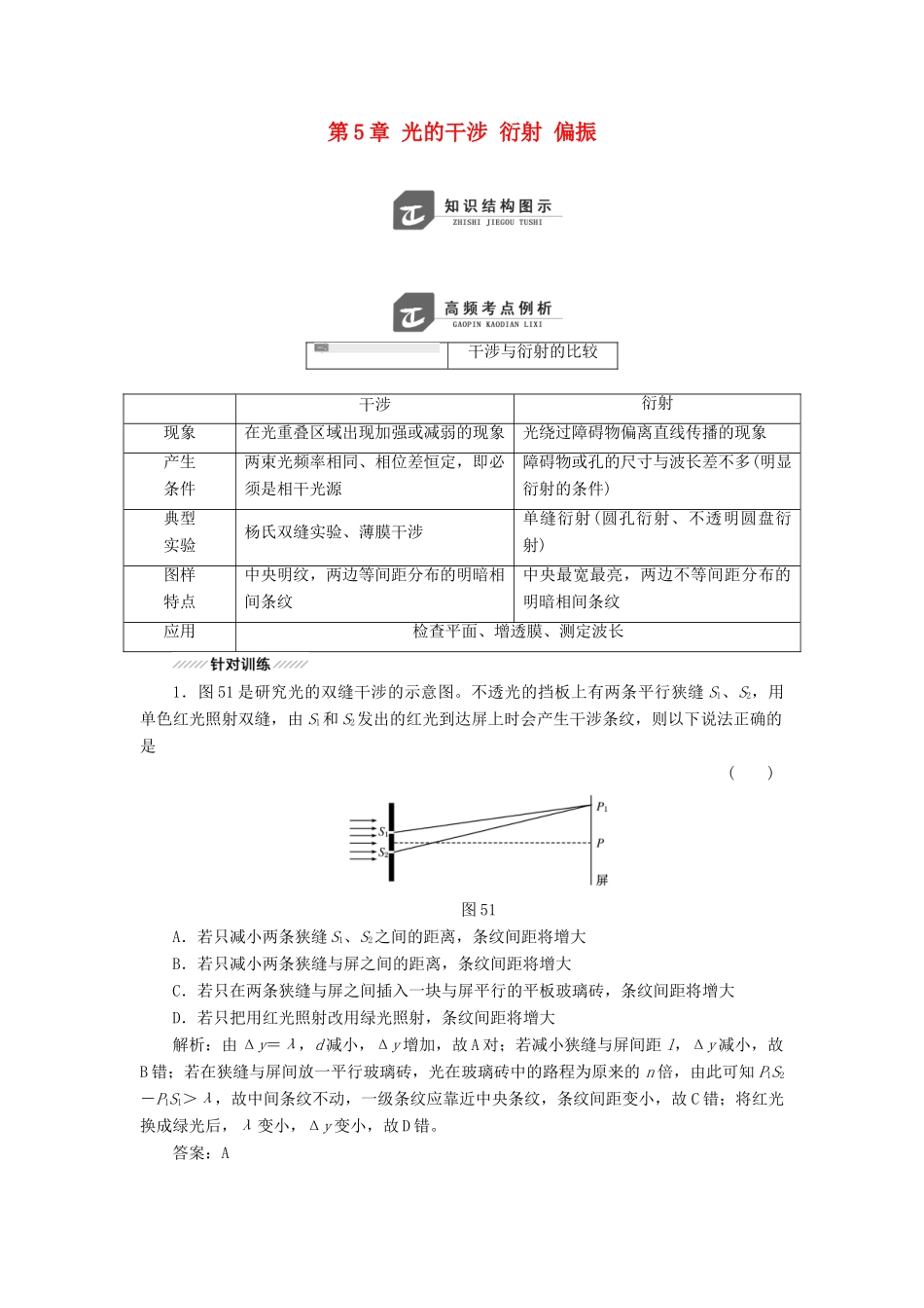 高中物理 第5章 光的干涉 衍射 偏振 章末小结与测评教学案 鲁科版选修3-4-鲁科版高二选修3-4物理教学案_第1页