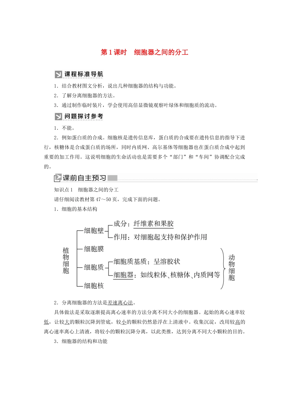 高中生物 第3章 细胞的基本结构 3-2-1 细胞器之间的分工教学案 新人教版必修1-新人教版高一必修1生物教学案_第1页