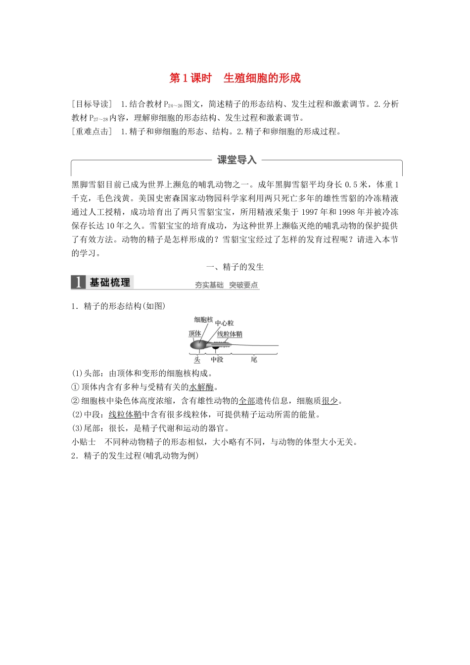高中生物 第2章 胚胎工程 第1节 胚胎工程的理论基础 第1课时 生殖细胞的形成同步备课教学案 北师大版选修3-北师大版高二选修3生物教学案_第1页