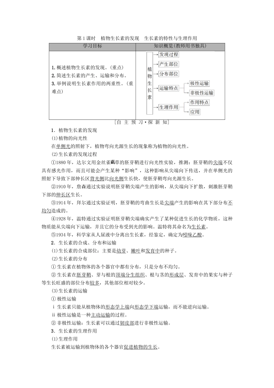 高中生物 第2章 生物个体的稳态 第4节 植物生命活动的调节 第1课时 植物生长素的发现 生长素的特性与生理作用学案 苏教版必修3-苏教版高一必修3生物学案_第1页