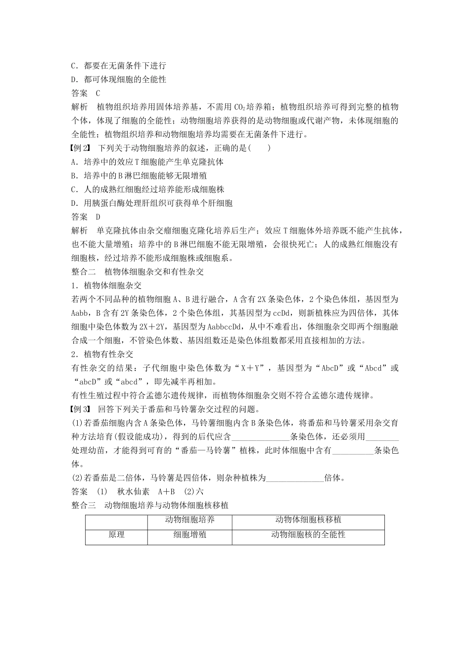 高中生物 第3章 细胞工程章末整合提升同步备课教学案 北师大版选修3-北师大版高二选修3生物教学案_第2页