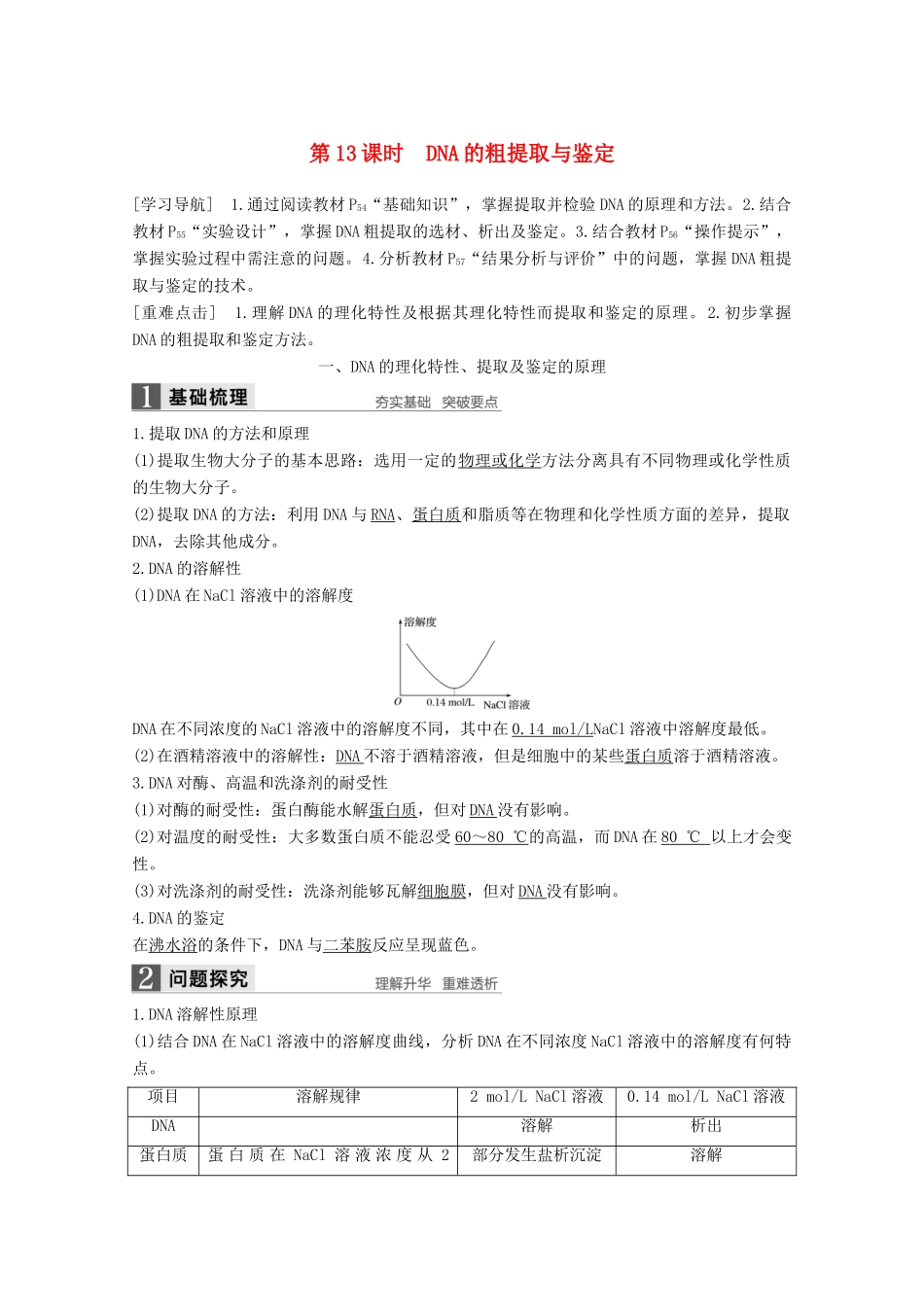 高中生物 专题5 DNA和蛋白质技术 第13课时 DNA的粗提取与鉴定同步备课教学案 新人教版选修1-新人教版高二选修1生物教学案_第1页