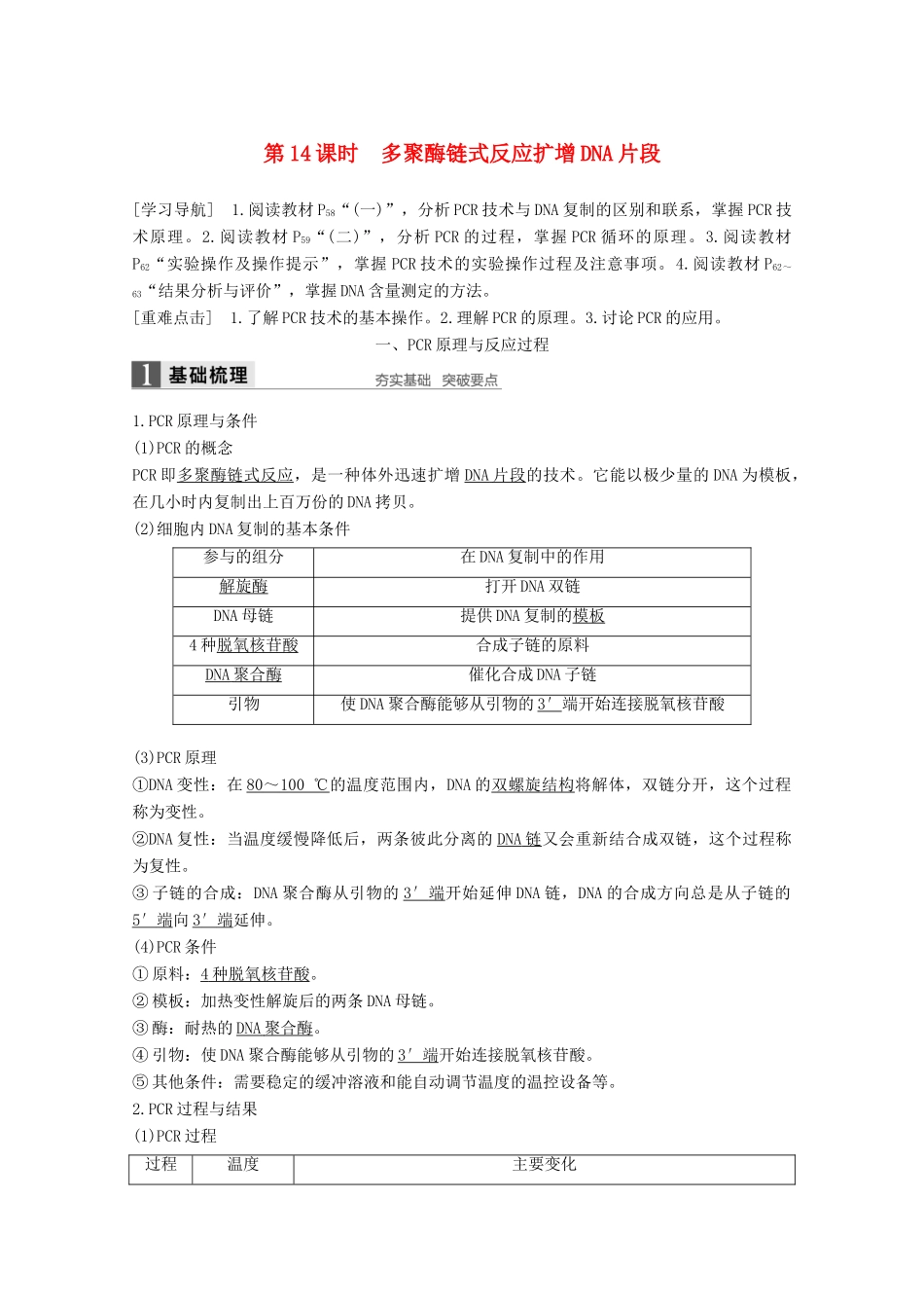 高中生物 专题5 DNA和蛋白质技术 第14课时 多聚酶链式反应扩增DNA片段同步备课教学案 新人教版选修1-新人教版高二选修1生物教学案_第1页
