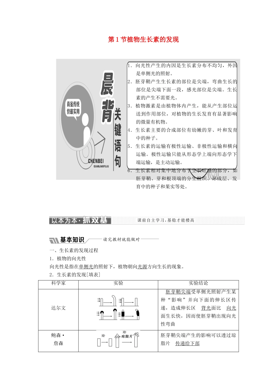 高中生物 第3章 植物的激素调节 第1节 植物生长素的发现教学案（含解析）新人教版必修3-新人教版高二必修3生物教学案_第1页