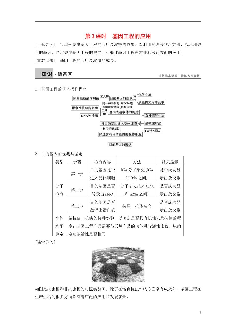 高中生物 专题一 基因工程 第3课时 基因工程的应用学案 新人教版选修3-新人教版高二选修3生物学案_第1页