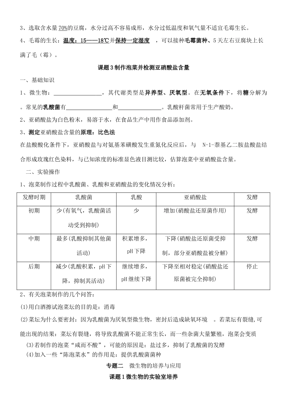 高中生物 复习知识梳理专题1-3填空（无答案）新人教版选修1《生物技术实践》-新人教版高中选修1生物素材_第2页