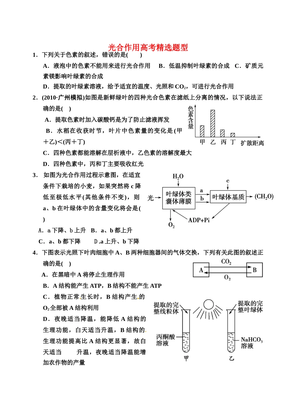 高中生物 光合作用高考精选题型 新人教版必修1_第1页