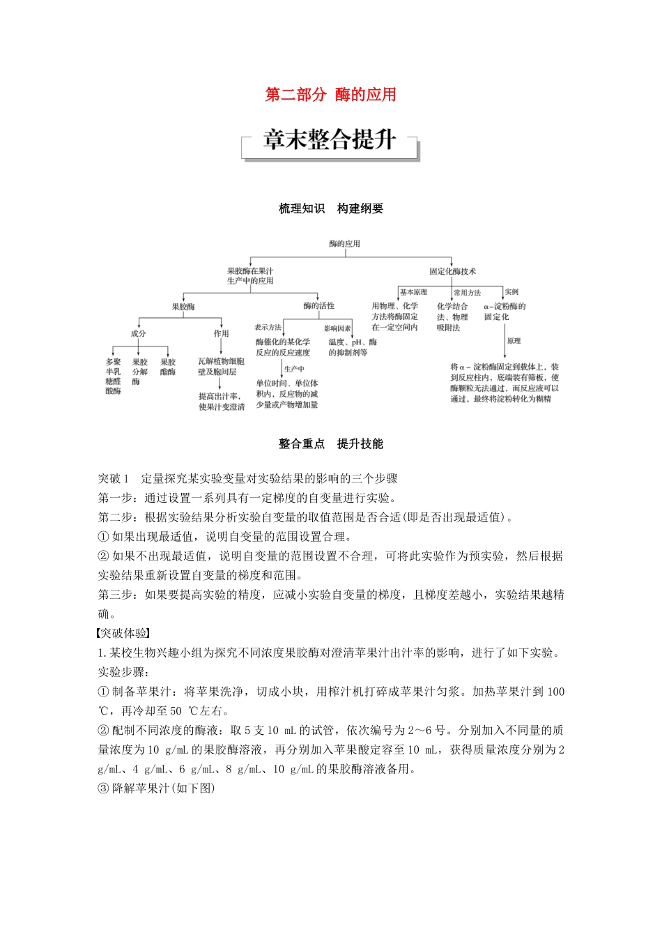 高中生物 第二部分 酶的应用章末整合提升同步备课教学案 浙科版选修1-浙科版高二选修1生物教学案_第1页