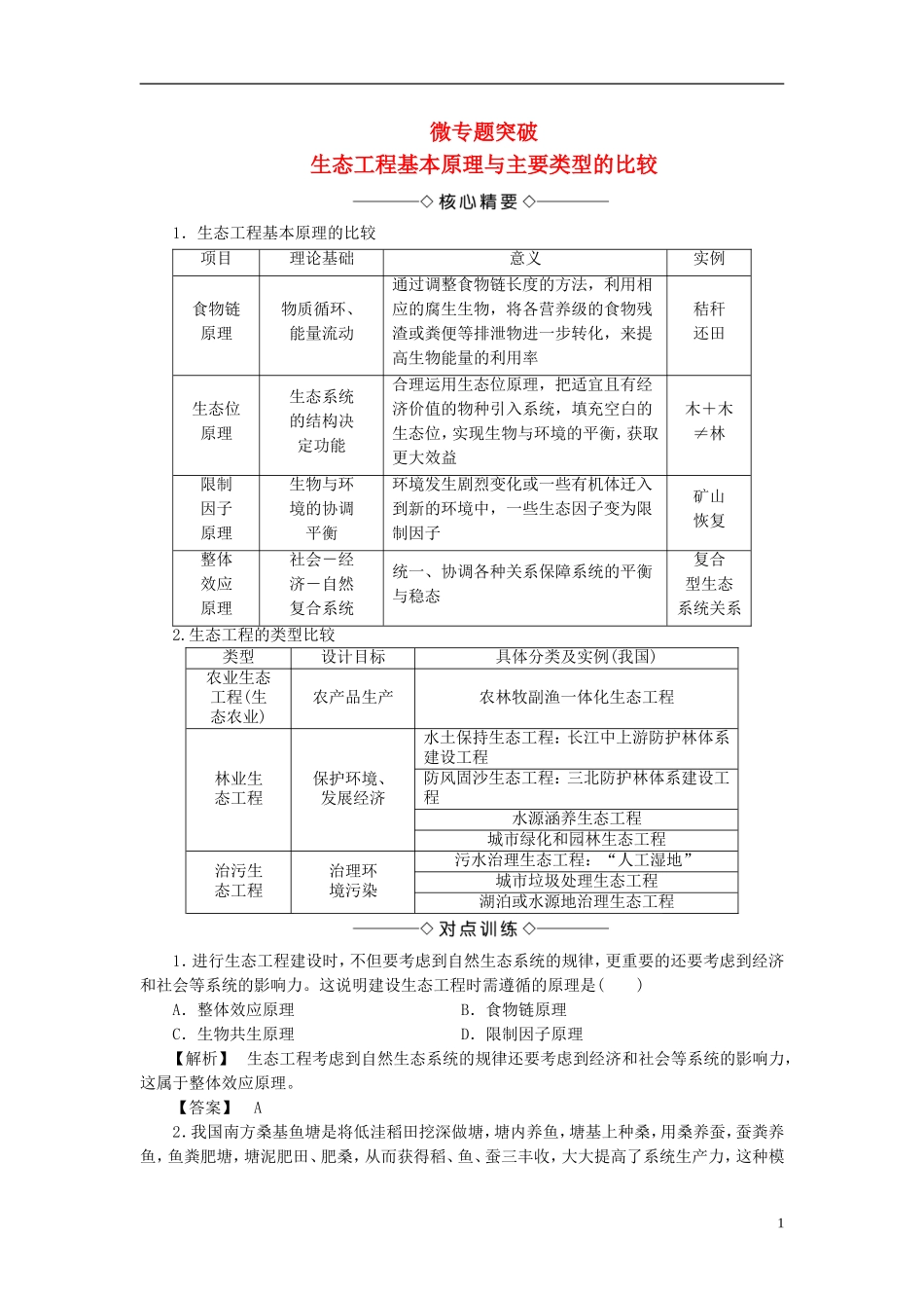 高中生物 第二单元 生态工程与生物安全 第一章 生态工程 微专题突破 生态工程基本原理与主要类型的比较学案 中图版选修3-中图版高二选修3生物学案_第1页