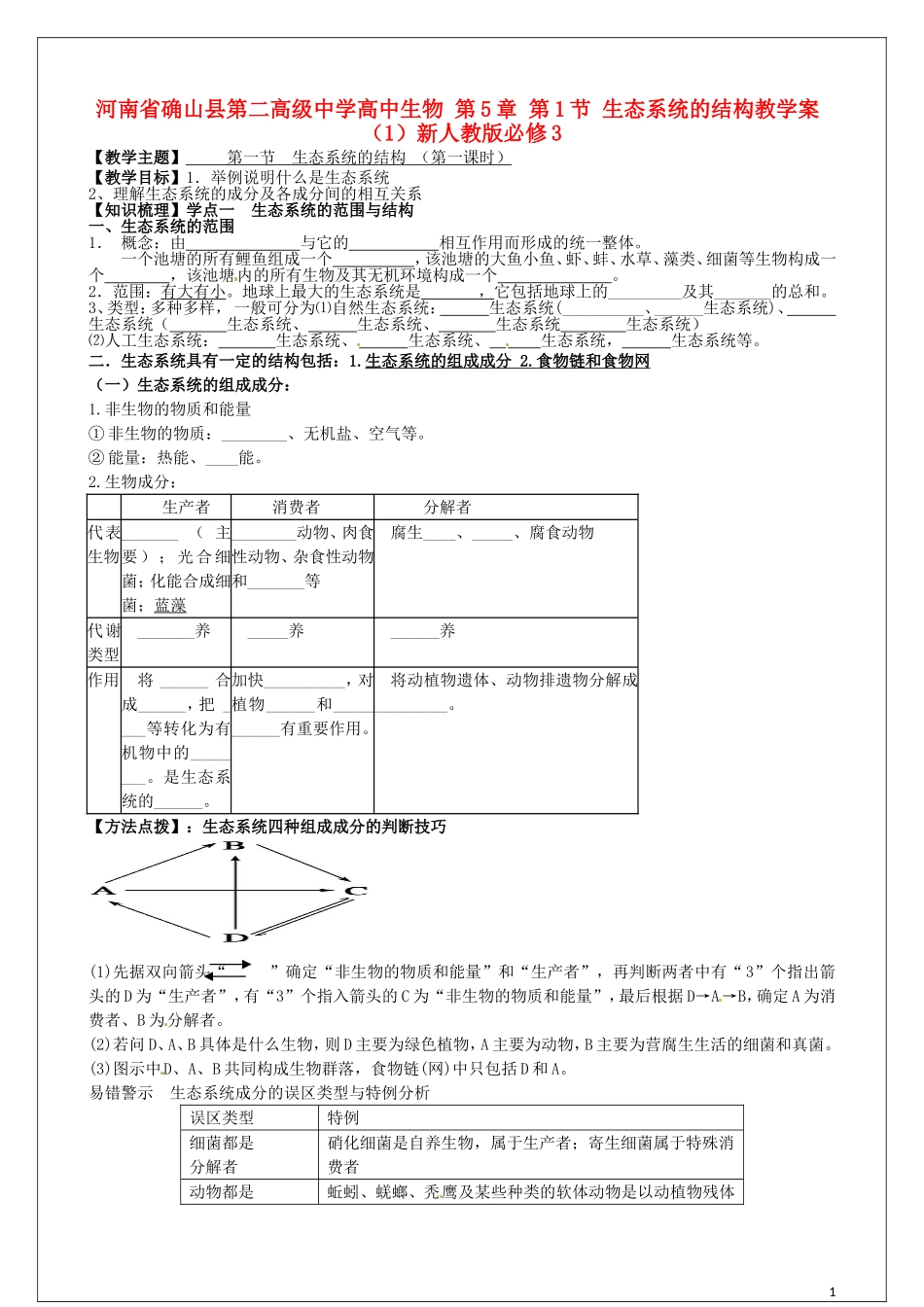 高中生物 第5章 第1节 生态系统的结构教学案（1）新人教版必修3-新人教版高二必修3生物教学案_第1页