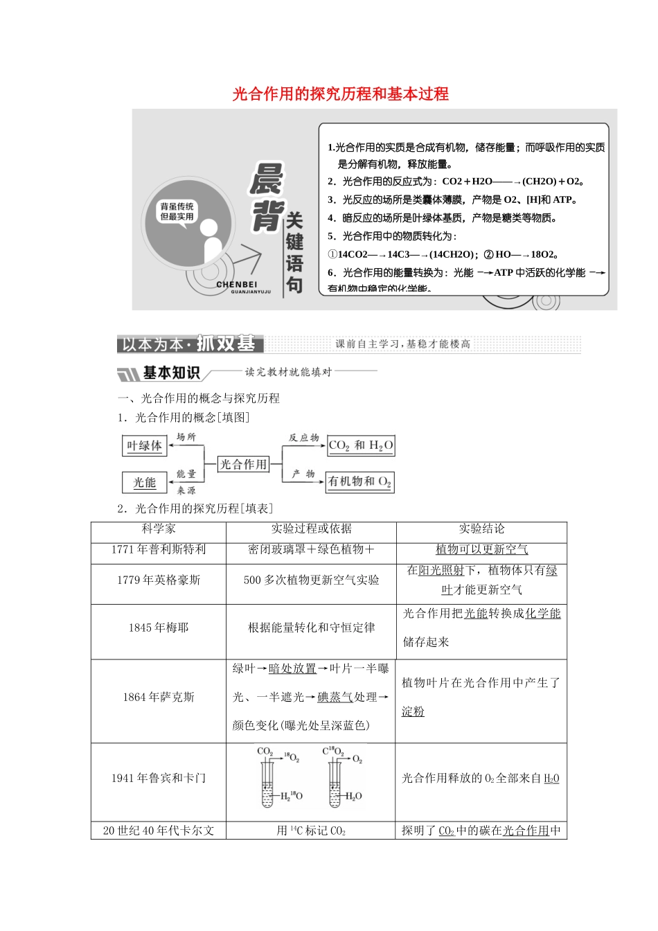 高中生物 第5章 第4节 第2课时 光合作用的探究历程和基本过程教学案（含解析）新人教版必修1-新人教版高一必修1生物教学案_第1页