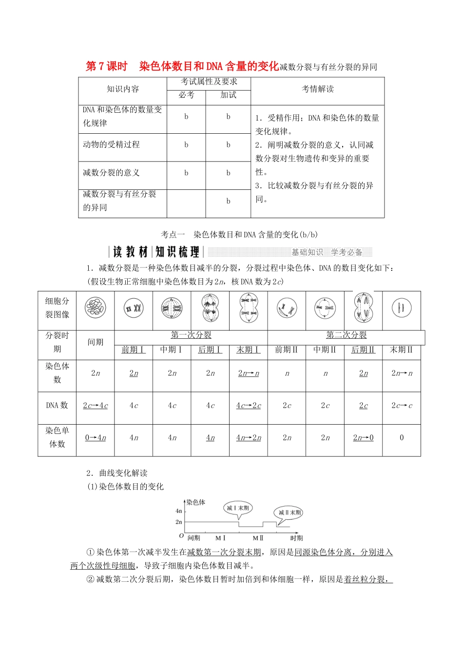 高中生物 第二章 染色体与遗传 第7课时 染色体数目和DNA含量的变化减数分裂与有丝分裂的异同同步备课教学案 浙科版必修2-浙科版高一必修2生物教学案_第1页