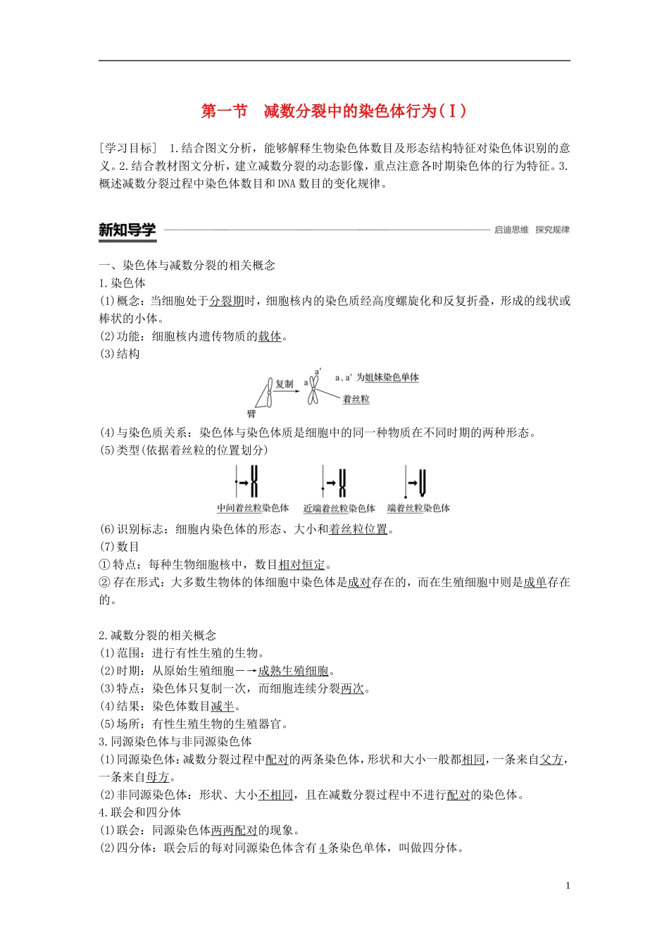 高中生物 第二章 染色体与遗传 第一节 减数分裂中的染色体行为（Ⅰ）学案 浙科版必修2-浙科版高一必修2生物学案_第1页