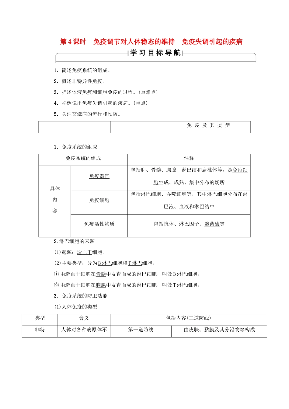 高中生物 第二章 生物个体的稳态 2.1 人体的稳态（第4课时）免疫调节对人体稳态的维持 免疫失调引起的疾病学案 苏教版必修3-苏教版高一必修3生物学案_第1页