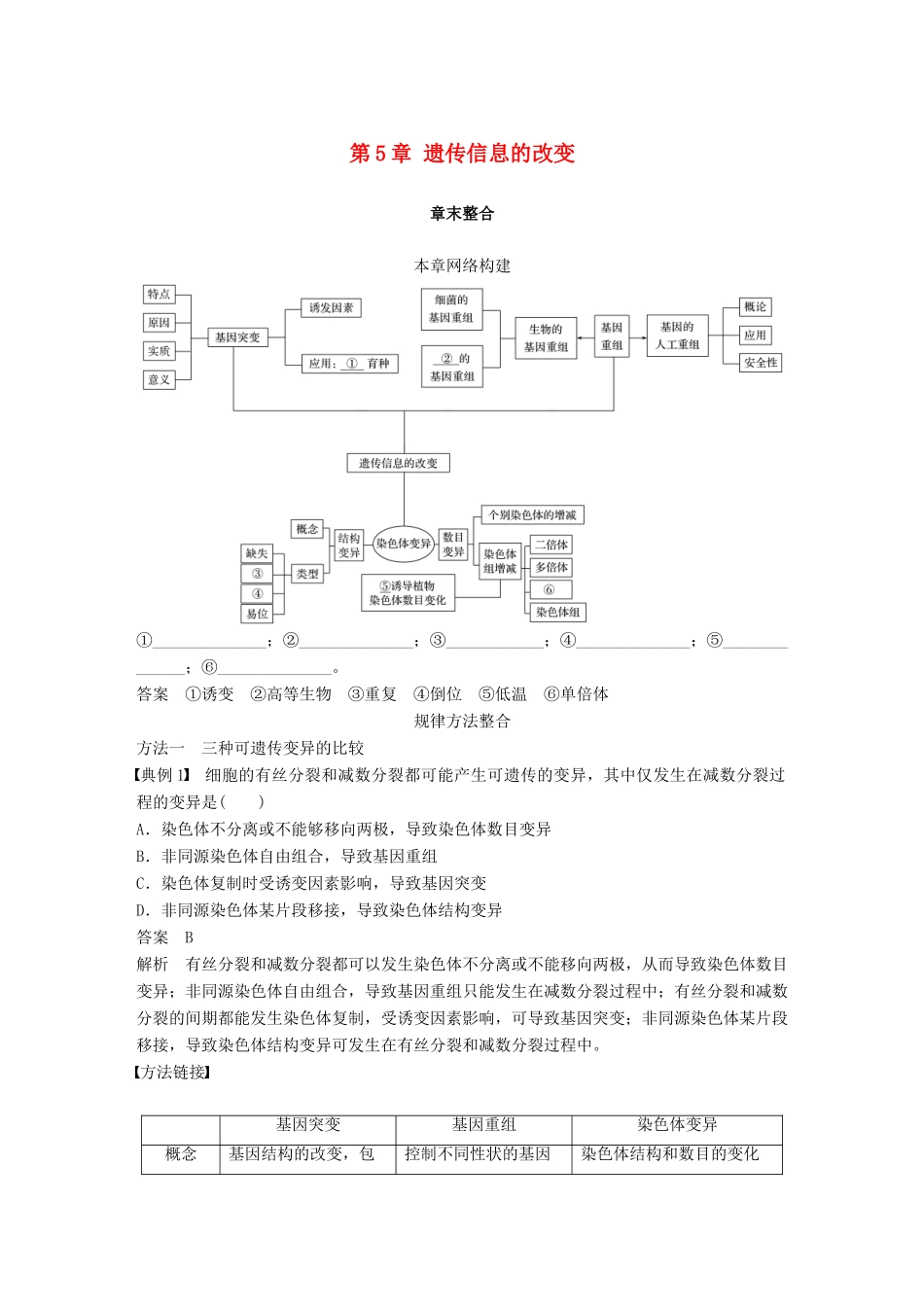 高中生物 第5章 遗传信息的改变章末整合教学案 北师大版必修2-北师大版高一必修2生物教学案_第1页
