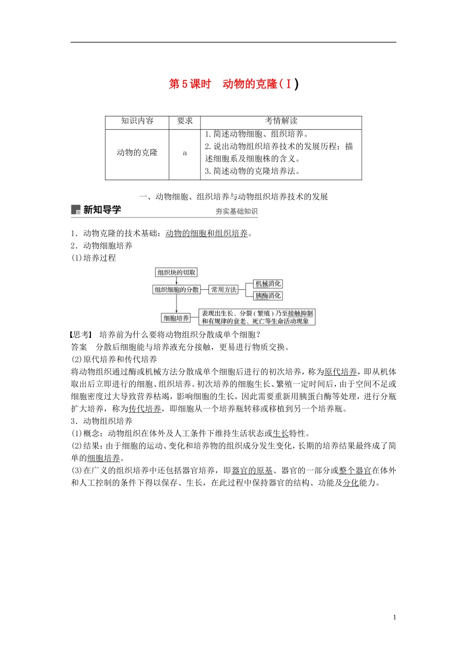 高中生物 第二章 克隆技术 第5课时 动物的克隆(Ⅰ)学案 浙科版选修3-浙科版高二选修3生物学案_第1页
