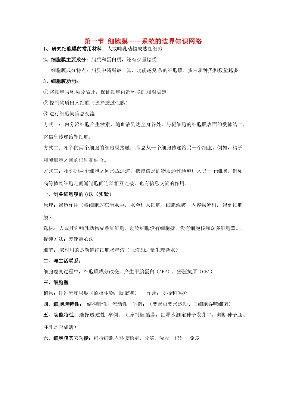 高中生物 第三章 细胞的基本结构 细胞膜系统的边界知识网络知识点归纳 新人教版必修1-新人教版高一必修1生物素材_第1页