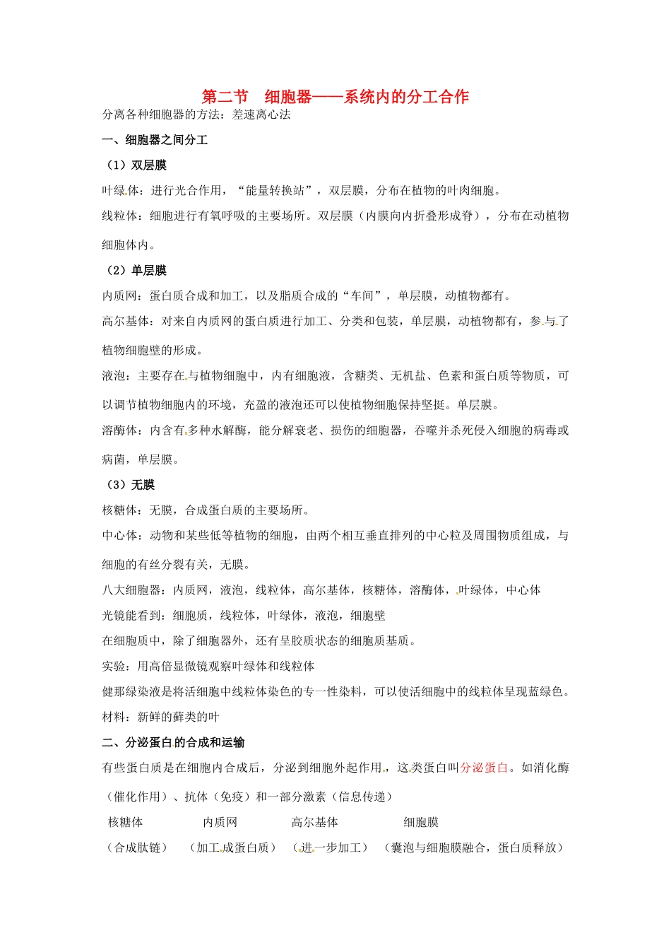 高中生物 第三章 细胞的基本结构 细胞器系统内的分工合作知识点归纳 新人教版必修1-新人教版高一必修1生物素材_第1页