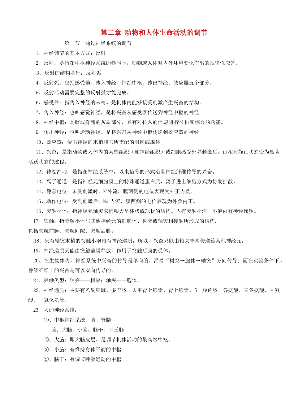 高中生物 第二章《动物和人体生命活动的调节》知识点总结 新人教版必修3-新人教版高二必修3生物素材_第1页