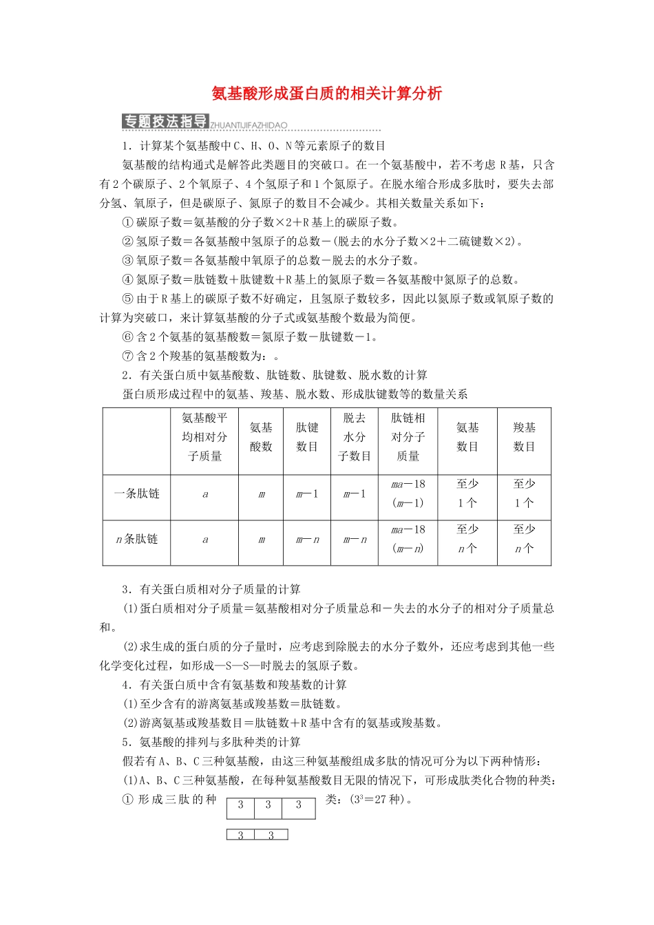 高中生物 小专题 大智慧 氨基酸形成蛋白质的相关计算分析教学案 浙科版必修1-浙科版高中必修1生物教学案_第1页