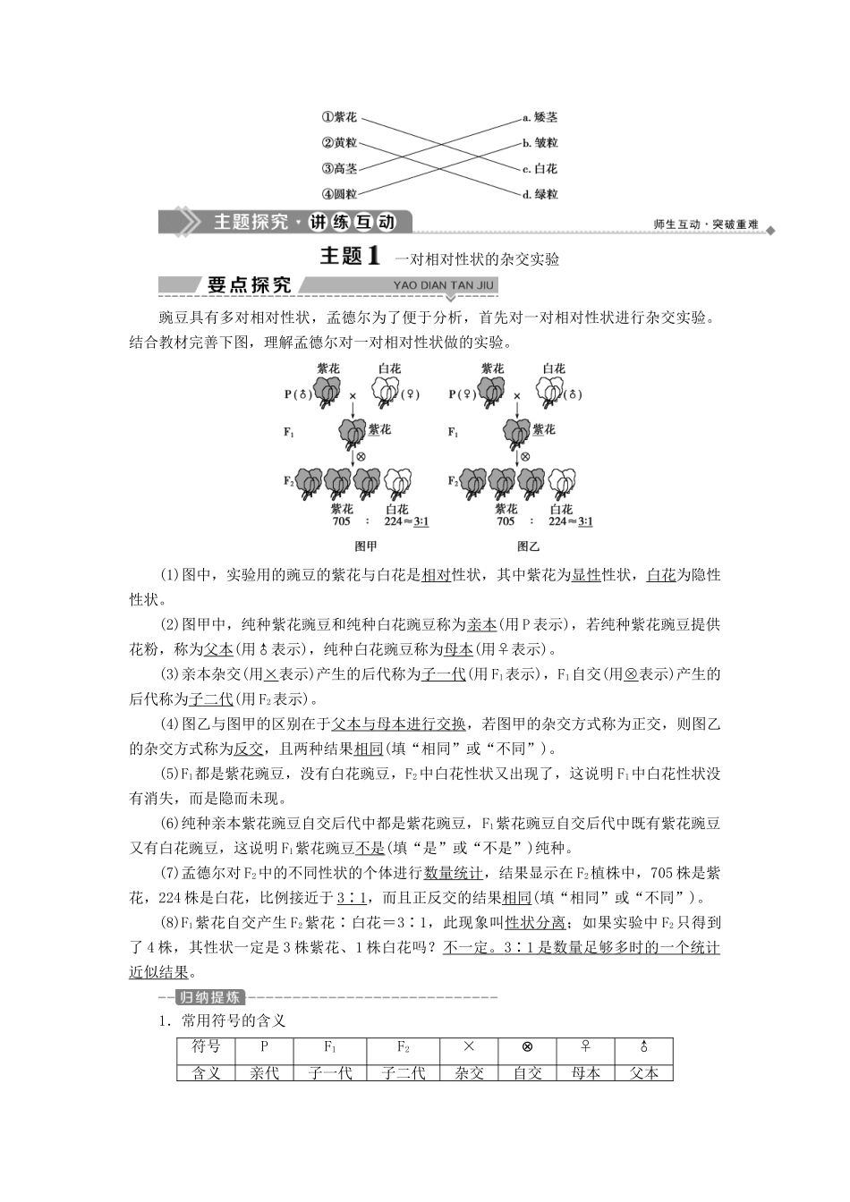 高中生物 第三章 遗传和染色体 第一节 基因的分离定律 第1课时 基因的分离定律（一）学案 苏教版必修2-苏教版高一必修2生物学案_第2页