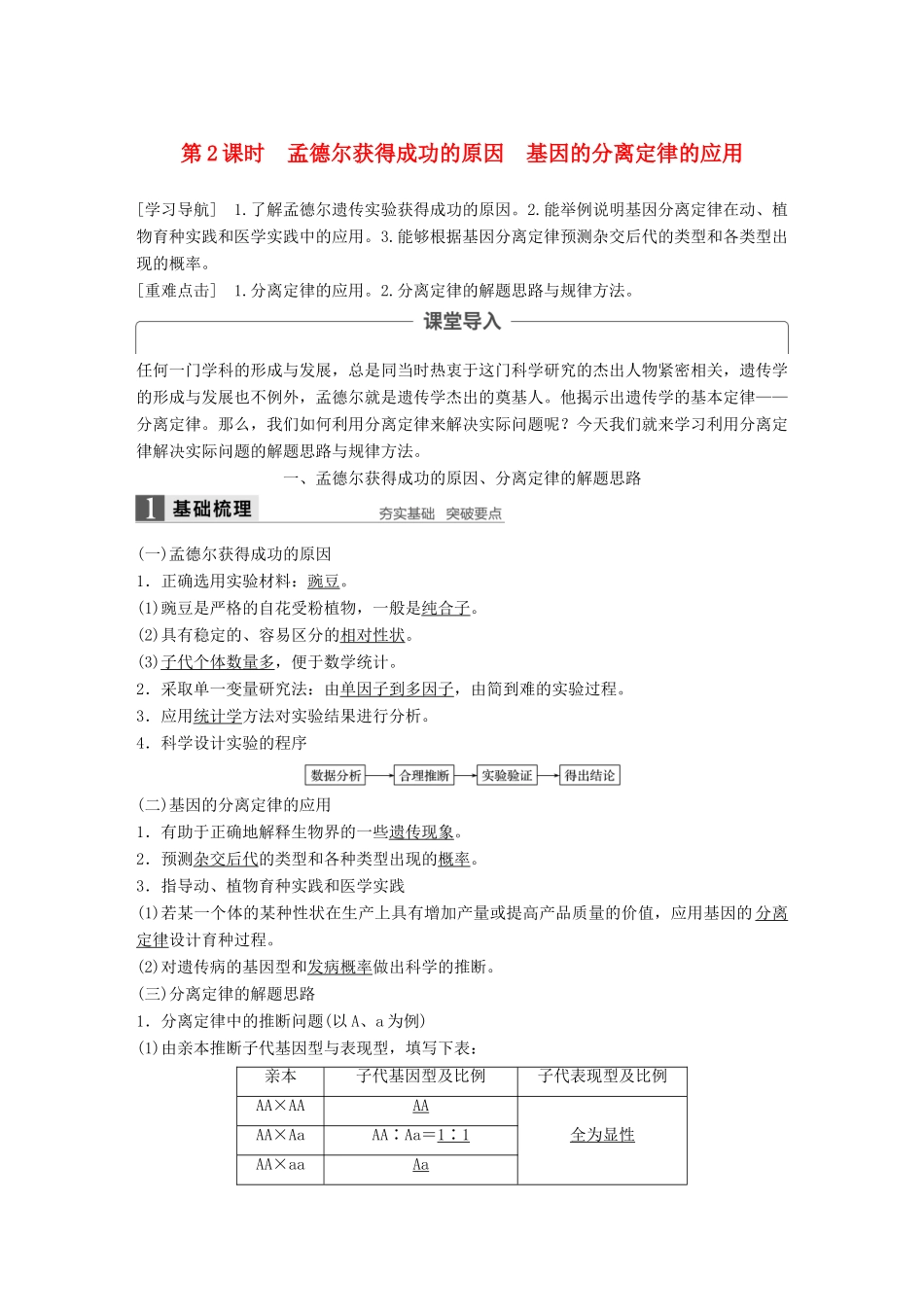 高中生物 第三章 遗传和染色体 第一节 基因的分离定律 第2课时教学案 苏教版必修2-苏教版高一必修2生物教学案_第1页