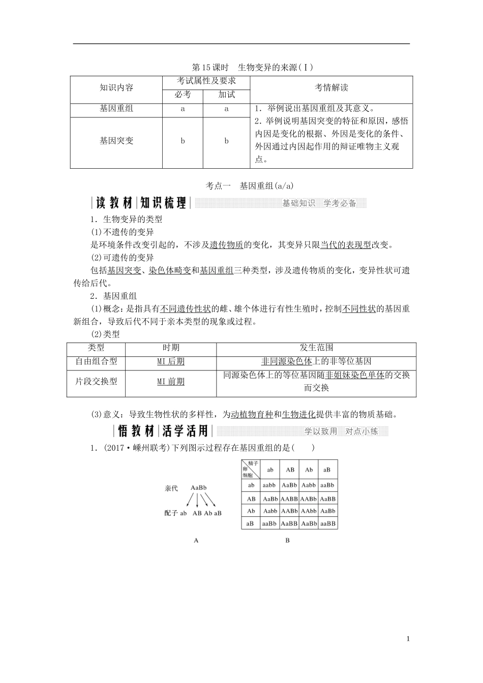 高中生物 第四章 生物的变异 第15课时 生物变异的来源（Ⅰ）同步备课教学案 浙科版必修2-浙科版高一必修2生物教学案_第1页