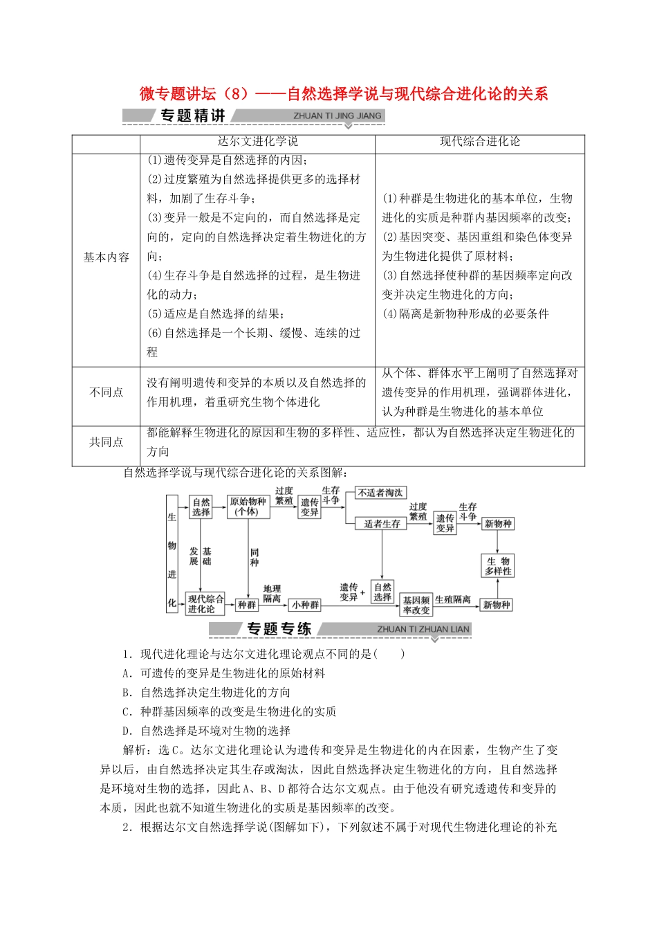 高中生物 第五章 生物的进化 微专题讲坛（8）——自然选择学说与现代综合进化论的关系学案 苏教版必修2-苏教版高一必修2生物学案_第1页