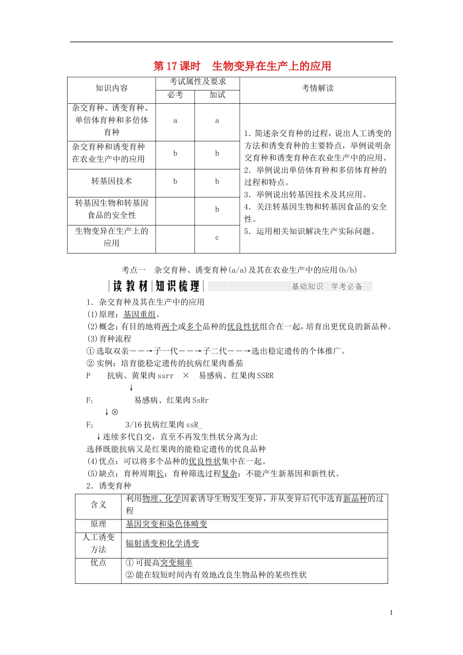 高中生物 第四章 生物的变异 第17课时 生物变异在生产上的应用同步备课教学案 浙科版必修2-浙科版高一必修2生物教学案_第1页