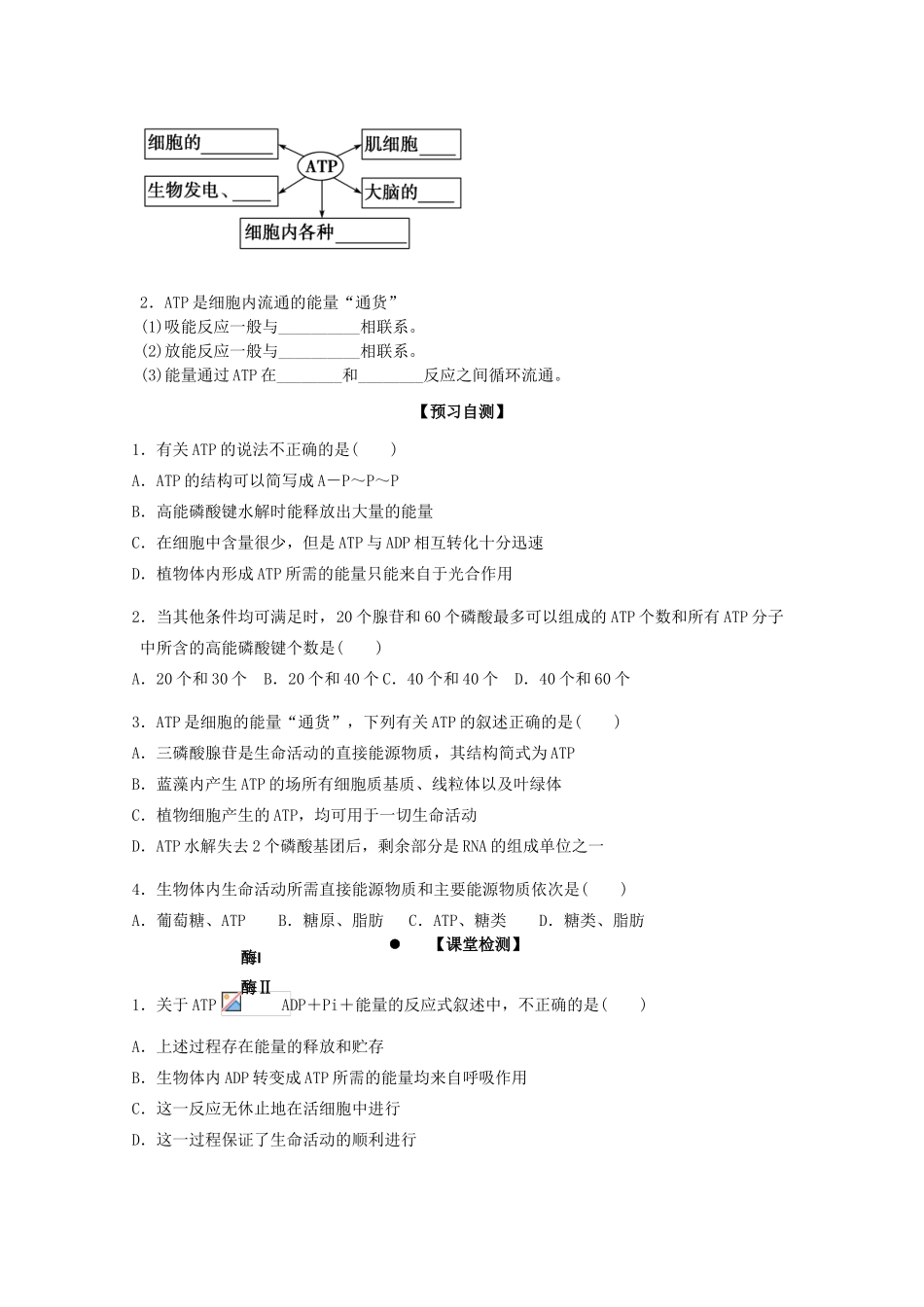 高中生物 第五章 细胞的能量供应和利用 5.2 细胞的能量通货——ATP学案 新人教版必修1-新人教版高一必修1生物学案_第2页