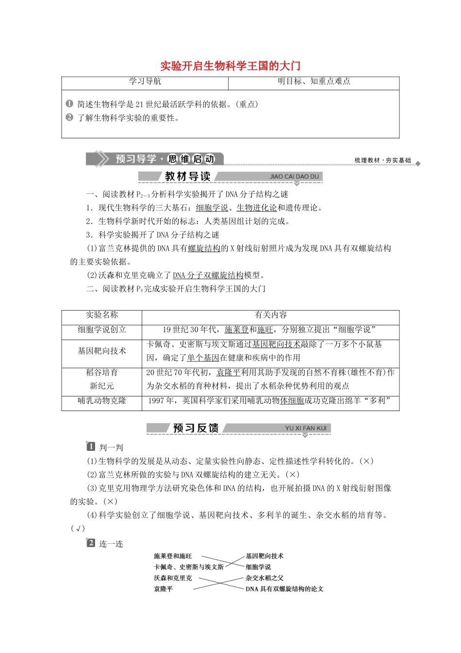 高中生物 绪论 实验开启生物科学王国的大门学案 苏教版选修1-苏教版高二选修1生物学案_第1页