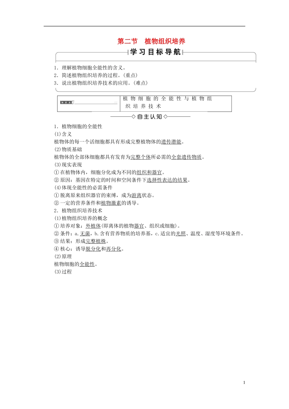 高中生物 第一单元 生物技术与生物工程 第二章 细胞工程 第2节 植物组织培养学案 中图版选修3-中图版高二选修3生物学案_第1页