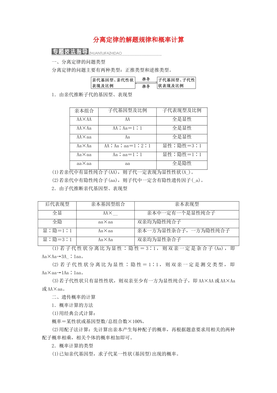 高中生物 第四章 小专题 大智慧 分离定律的解题规律和概率计算教学案 浙科版必修2-浙科版高中必修2生物教学案_第1页