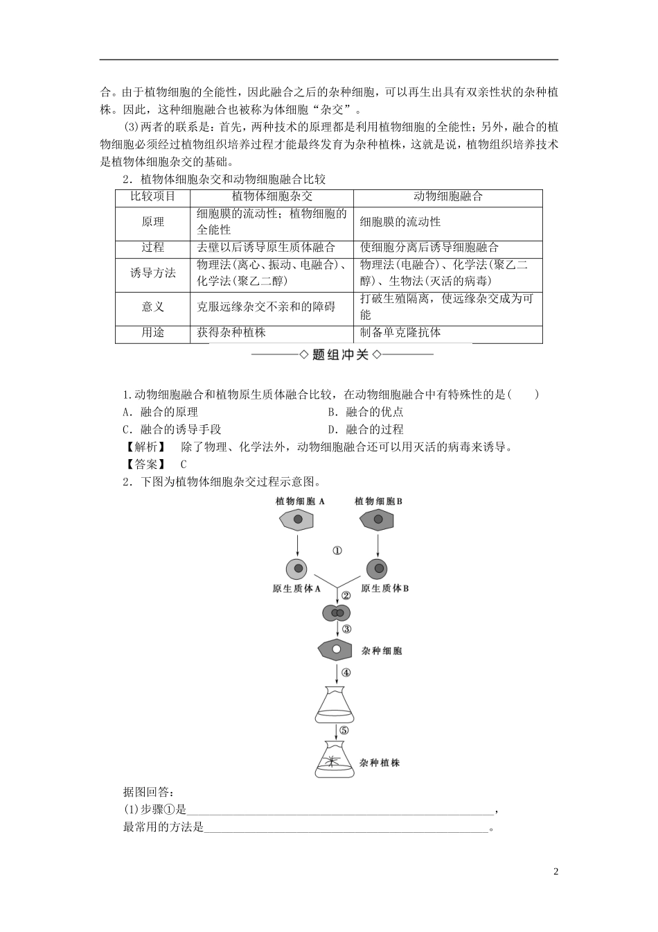 高中生物 第一单元 生物技术与生物工程 第二章 细胞工程 第3节 细胞融合技术学案 中图版选修3-中图版高二选修3生物学案_第2页