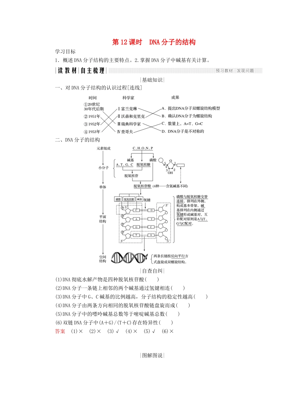 高中生物 第四章 遗传的分子基础 第12课时 DNA分子的结构学案 苏教版必修2-苏教版高一必修2生物学案_第1页