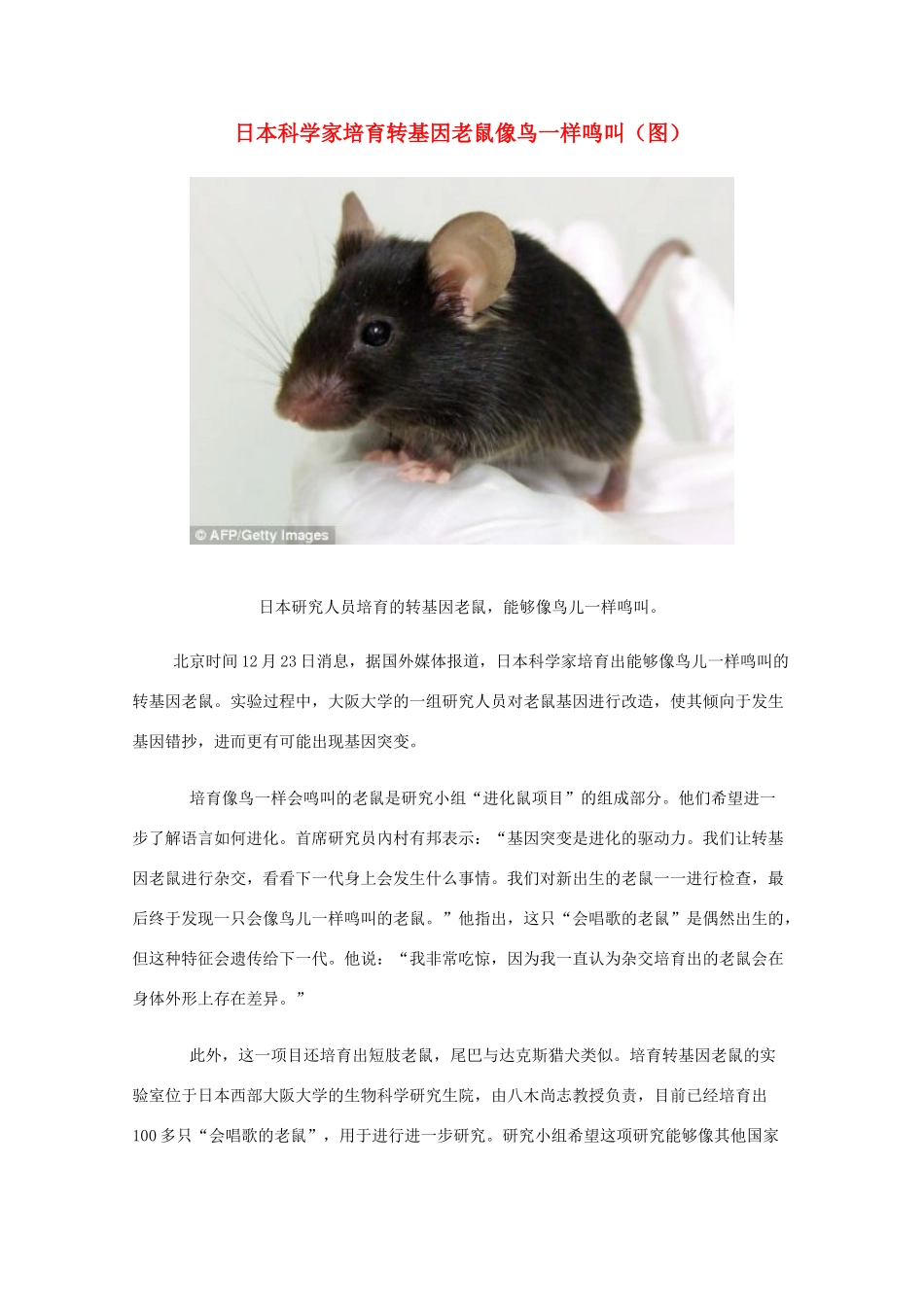 高中生物 阅读 日本科学家培育转基因老鼠像鸟一样鸣叫（图）_第1页