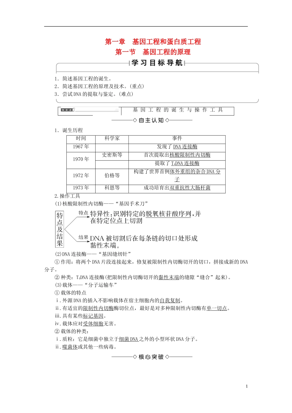 高中生物 第一单元 生物技术与生物工程 第一章 基因工程和蛋白质工程 第1节 基因工程的原理学案 中图版选修3-中图版高二选修3生物学案_第1页