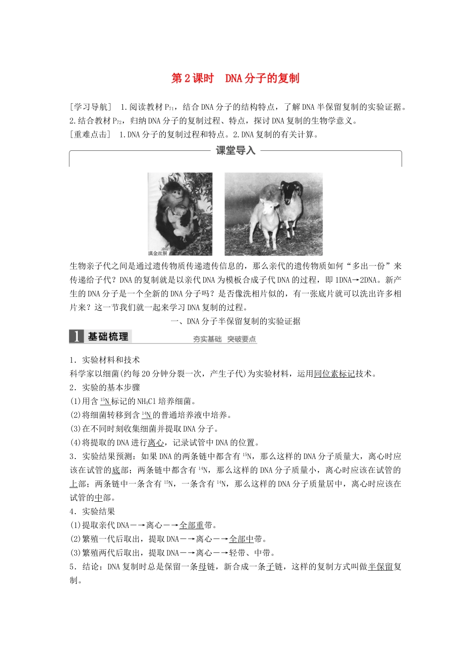 高中生物 第四章 遗传的分子基础 第二节 DNA的结构和DNA的复制 第2课时教学案 苏教版必修2-苏教版高一必修2生物教学案_第1页