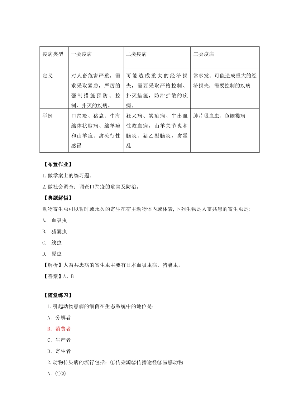 高中生物 第一单元 生物科学与农业 第一章 生物科学与动植物生产 1.4 动物疫病防治（1）学案 中图版选修2-中图版高二选修2生物学案_第2页