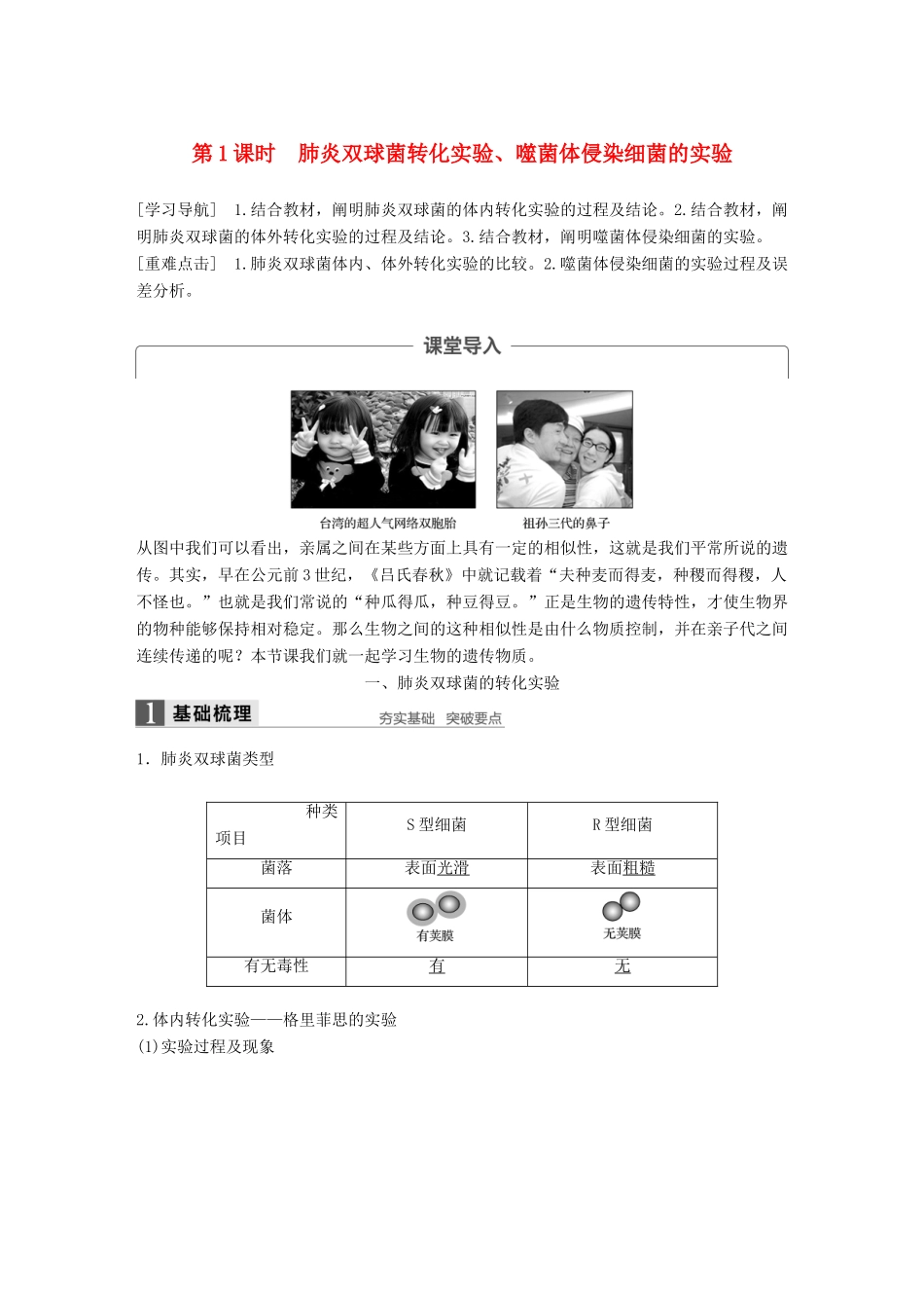 高中生物 第四章 遗传的分子基础 第一节 探索遗传物质的过程 第1课时教学案 苏教版必修2-苏教版高一必修2生物教学案_第1页