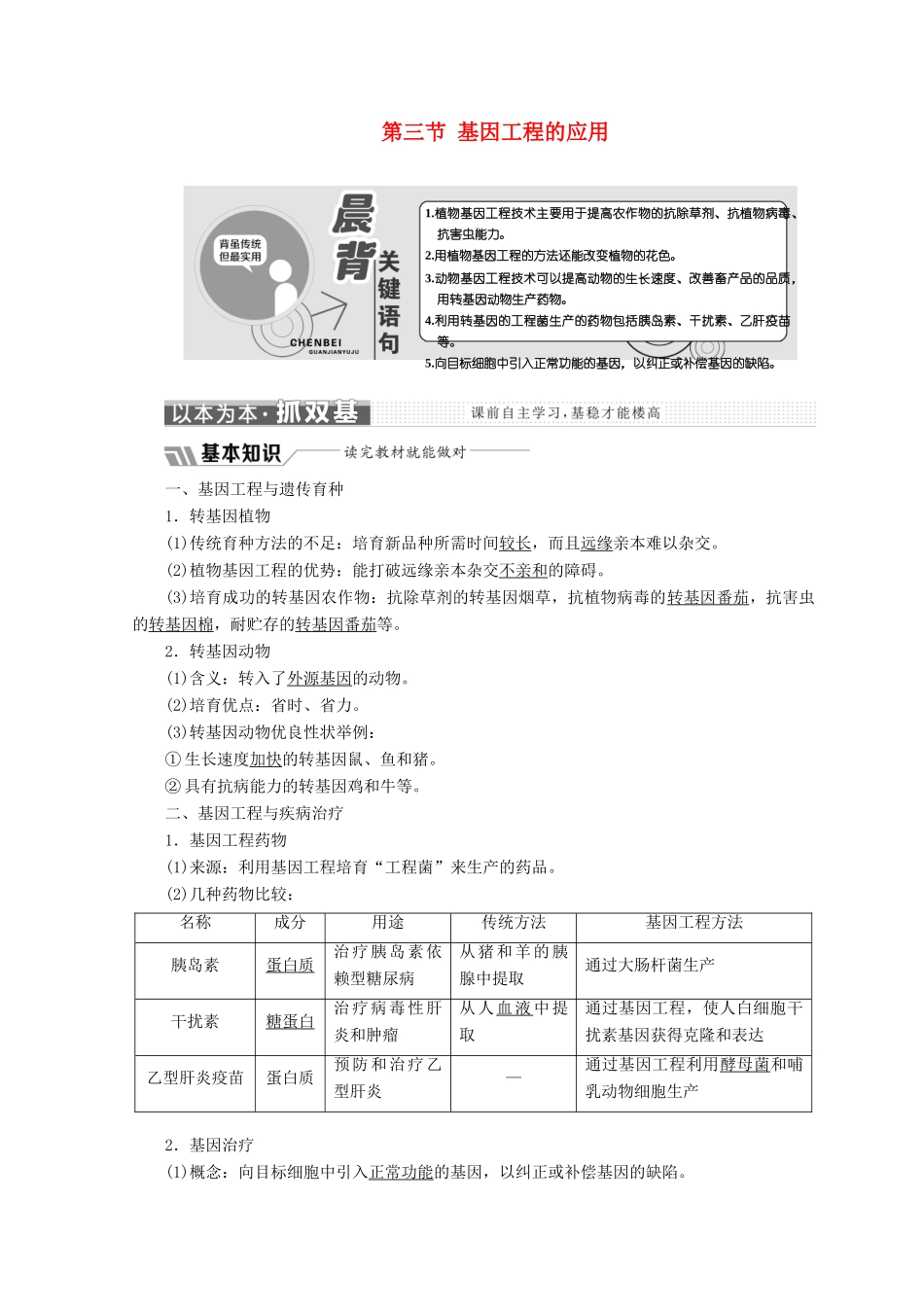 高中生物 第一章 第三节 基因工程的应用教学案 浙科版选修3-浙科版高中选修3生物教学案_第1页